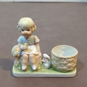 1983 Tea Lite Holder Girl with basket of flowers and Bunny Made in Taiwan A O C